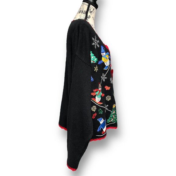 Vintage Nutcracker Christmas Cardigan Black Sweater Snowman Trees Embroidered XL - Picture 4 of 10